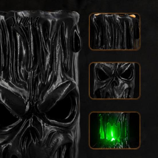 Hollow Face Halloween Props Tree Stump Skull Candle Holder, Spooky Tabletop Decor, LED Lighted Horror Ornaments Tealight Holder for Electronic