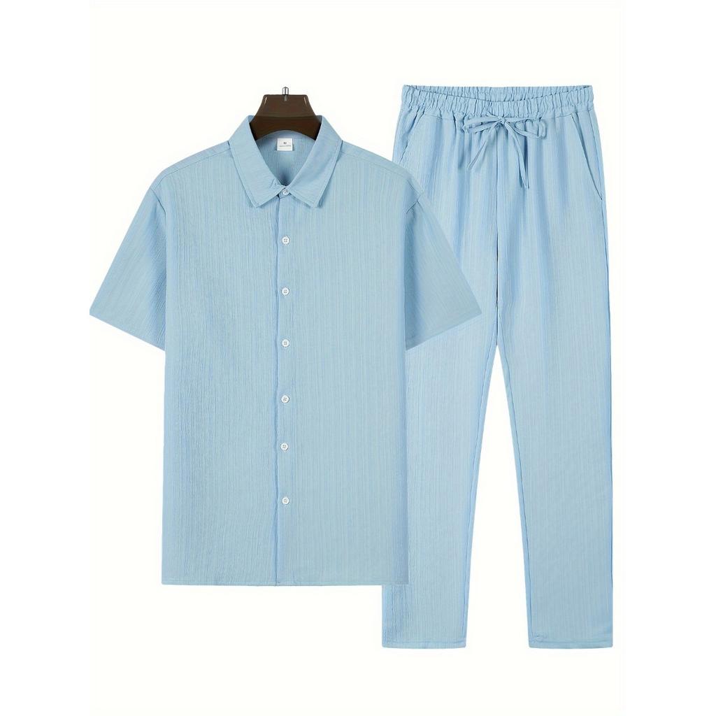 Мужская повседневная полосатая толстовка с коротким рукавом, воротником-стойкой на пуговицах и эластичным поясом, брюки из полиэстеровой ткани с добавлением эластана, двухкомпонентный