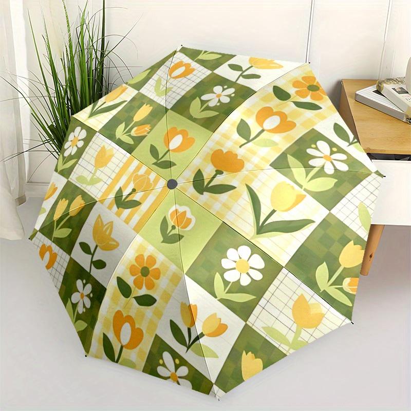 1 шт. Автоматический складной зонт-трость с цветочным пэчворком, Автоматическое открытие/закрытие, 8 ребер жесткости, Компактный 3-сложный зонт для мужчин и женщин, 72