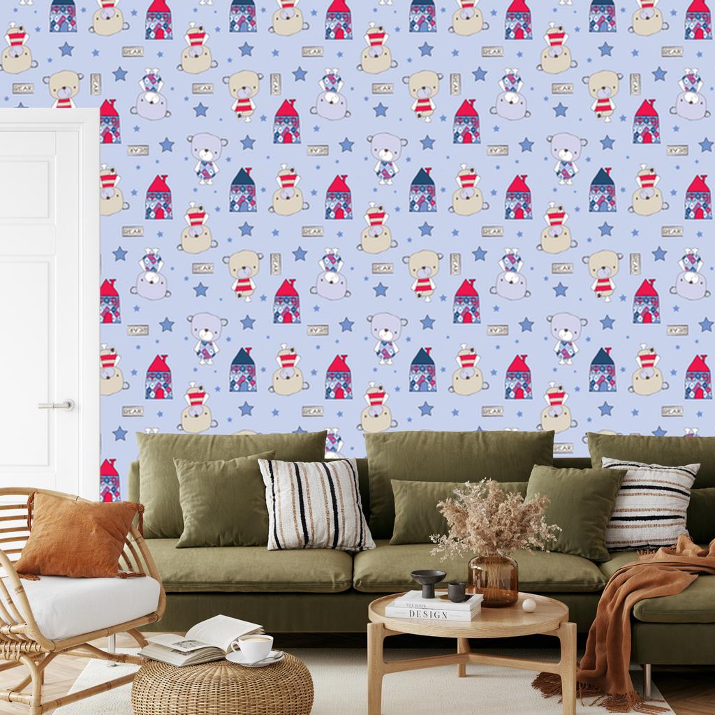 Teddy bears stars houses wallpaper for living room and bedroom 50x1000