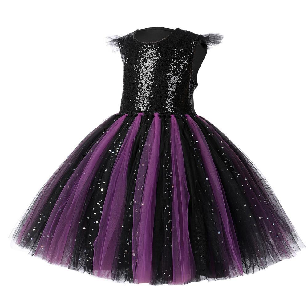 Halloween Dark Horned Witch Cosplay Dress, Black Sheer Mesh Girls Evil Queen Stage Outfit