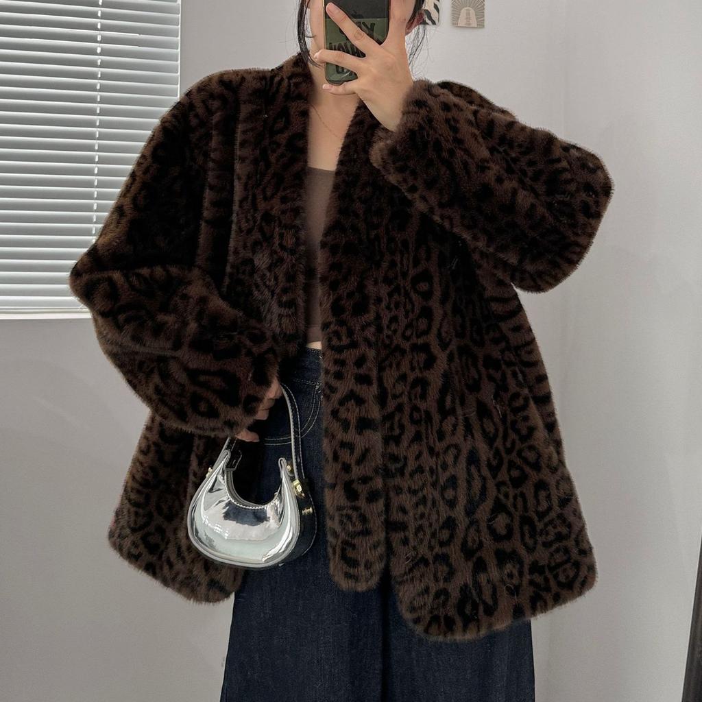 Новое экологически чистое меховое женское леопардовое пушистое пальто с дизайнерским смыслом осень-зима ретро мода ленивое пальто