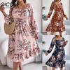 Spring Summer Elegant Flower-patterned, Long-sleeved, Waist-cinched, Ruffled A-line Dress for Women's Wear