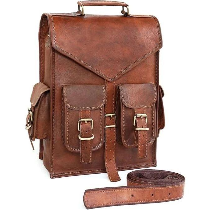 Goat Leather Bag Backpack Rucksack Laptop Vintage Brown Genuine Travel New Men's