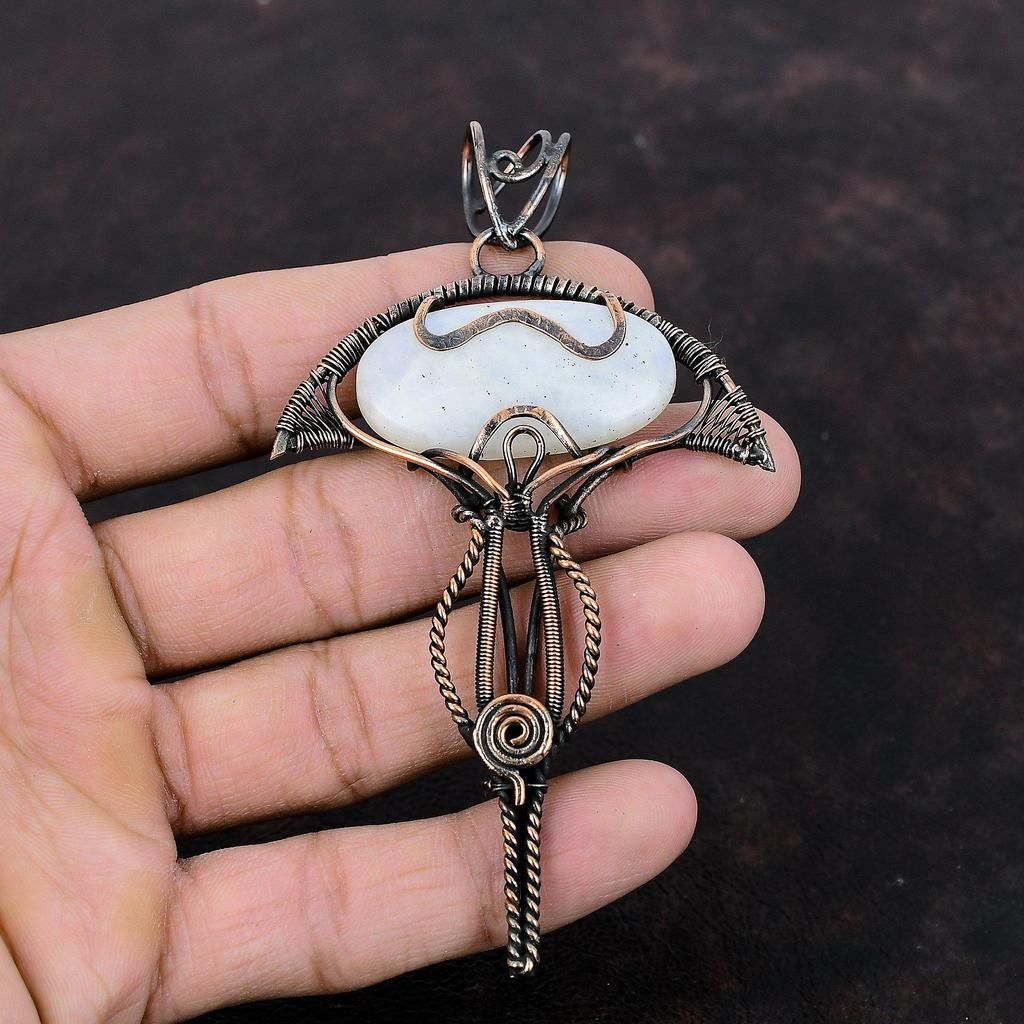 Подвеска с радужным лунным камнем, подвеска из медной проволоки, изящная подвеска, подвеска с драгоценным камнем, подвеска ручной работы, красивое медное ювелирное украшение, подарок для нее