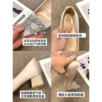 Туфли женские на толстом каблуке с квадратной пряжкой и стразами, новинка 2025 года, атласные туфли с острым носком на высоком каблуке, свадебные туфли