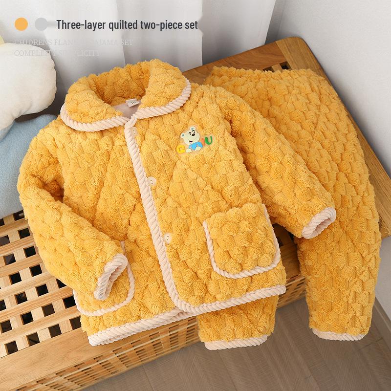 Детская зимняя фланелевая пижама: Толстый коралловый флис, трехслойный стеганый, комплект для родителей и детей