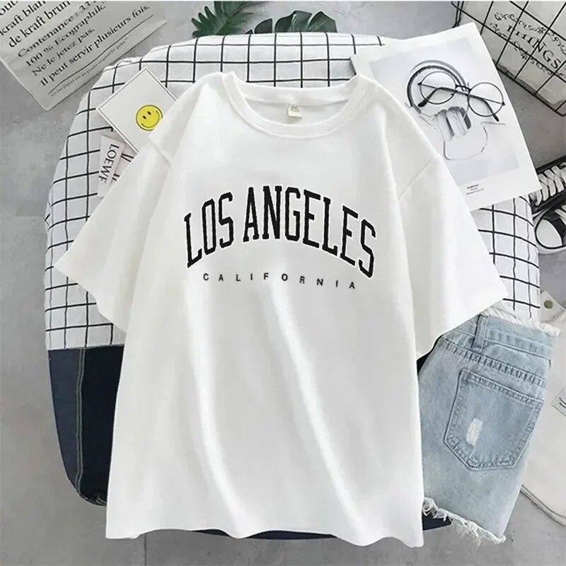 Los Angeles Fashion Unisex T-shirts USA Letter Print Short Sleeve Graphic Cotton T Shirt Summer Y2k Tops Women Oversized T Shirt