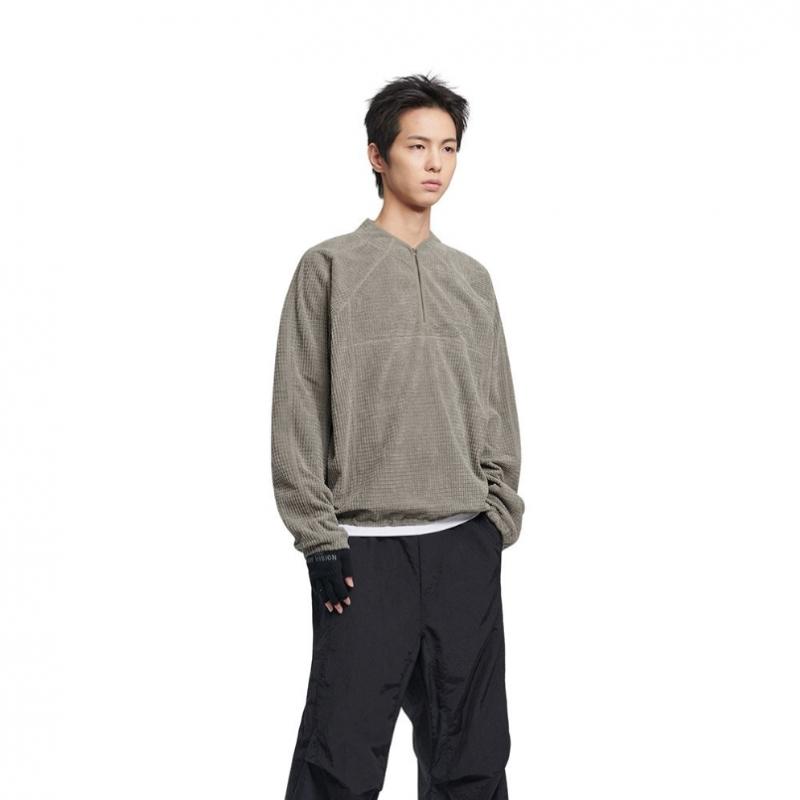 NOMANUAL Тяжелый вафельный полувер на молнии   Серый