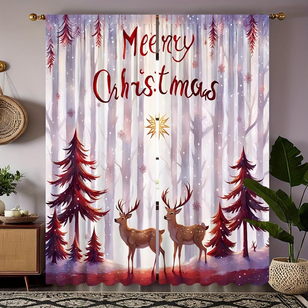 2pcs Luxurious Christmas Lights Print Curtains Set Semi-Sheer Polyester With Rod Pocket For Easy Hanging For Bedroom Living Room