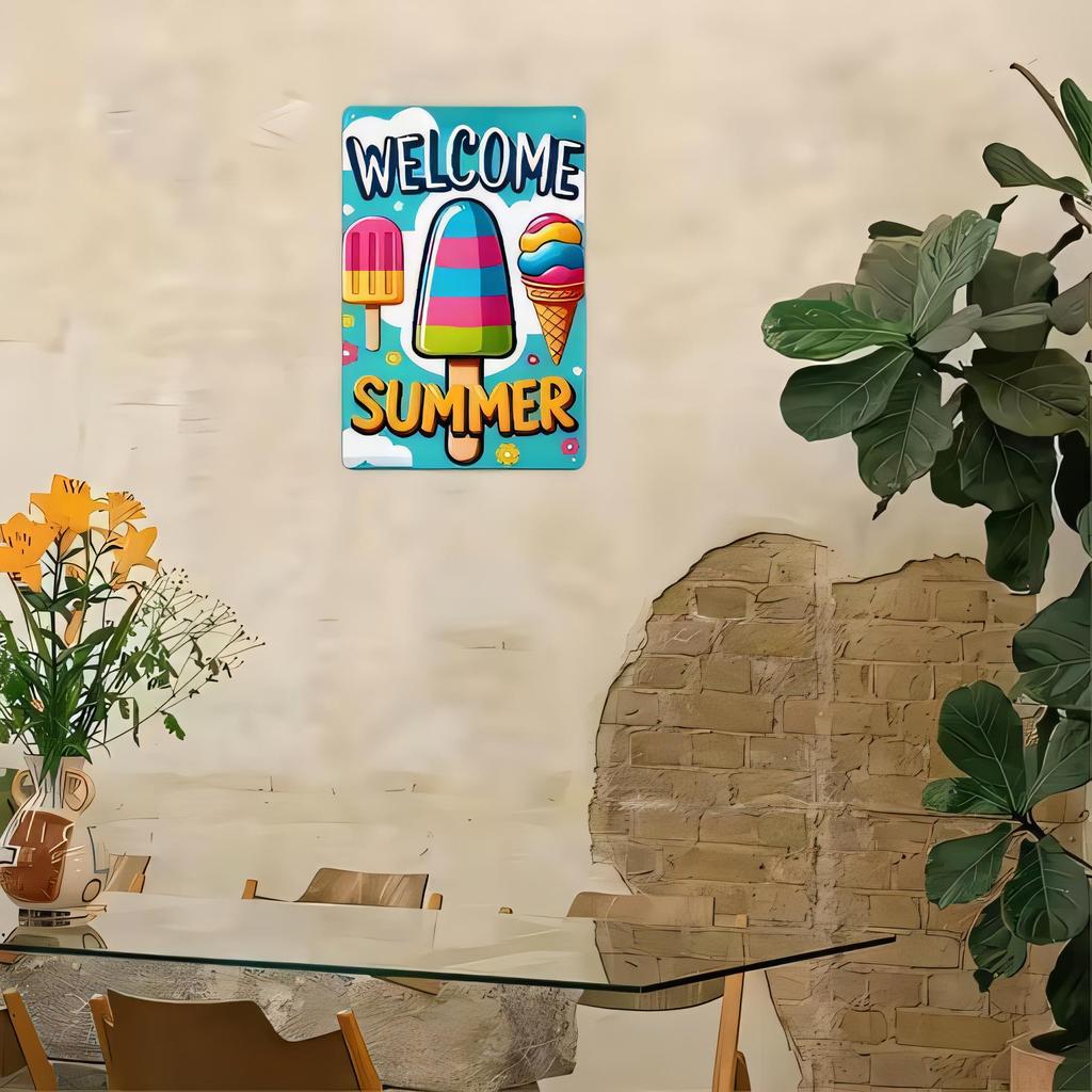 Welcome Summer Tin Sign Beach Rainbow Door Metal Wall Art Decoration Colorful Retro Vintage Tin Plaque for Outdoor Patio Garde