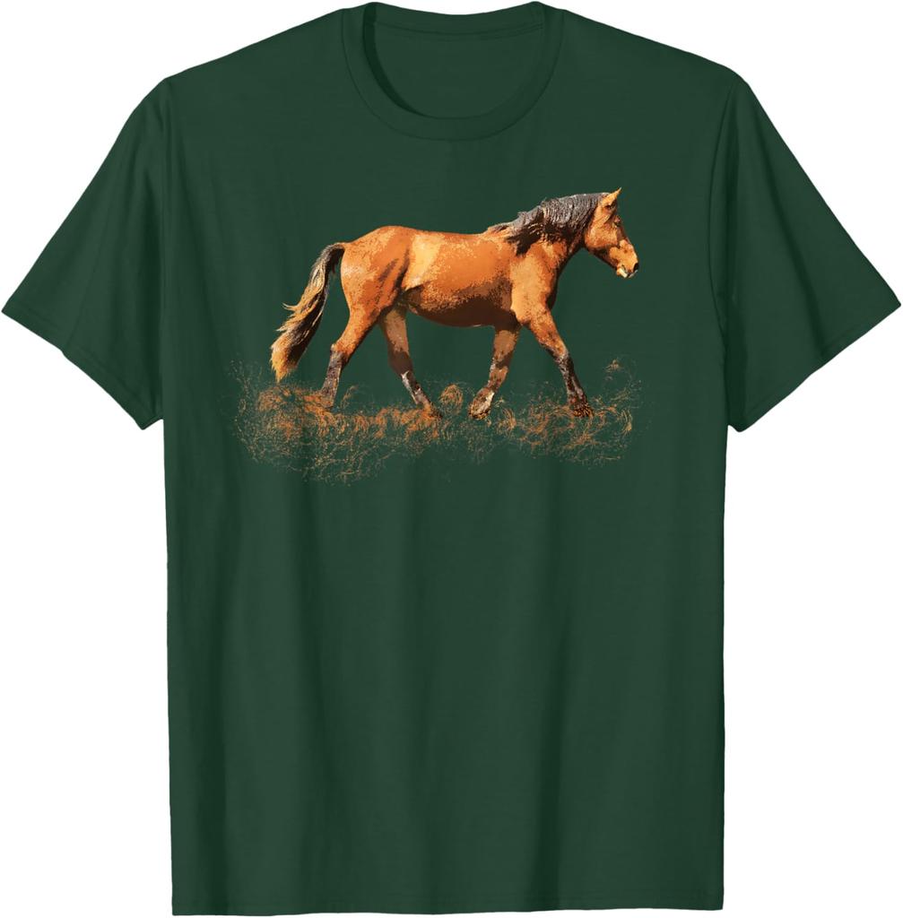 Earthy Brown Horse Silhouette Running Graphic T-Shirt Casual Cotton Short Sleeve Tee for Riders