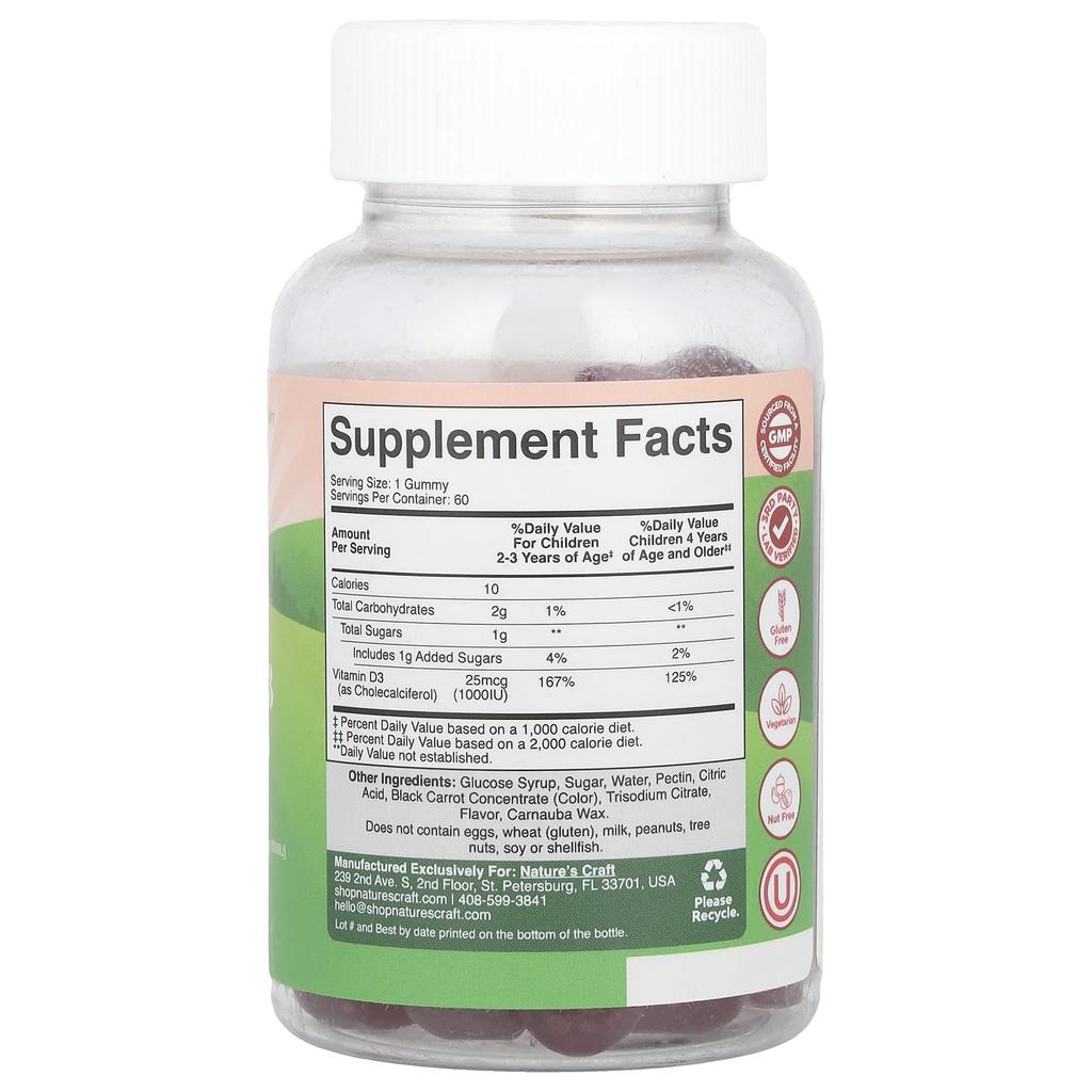 Nature'S Craft, Children's Vitamin D3 Gummies, Mixed Berry, 25Mcg (1,000Iu), 60 Gummies