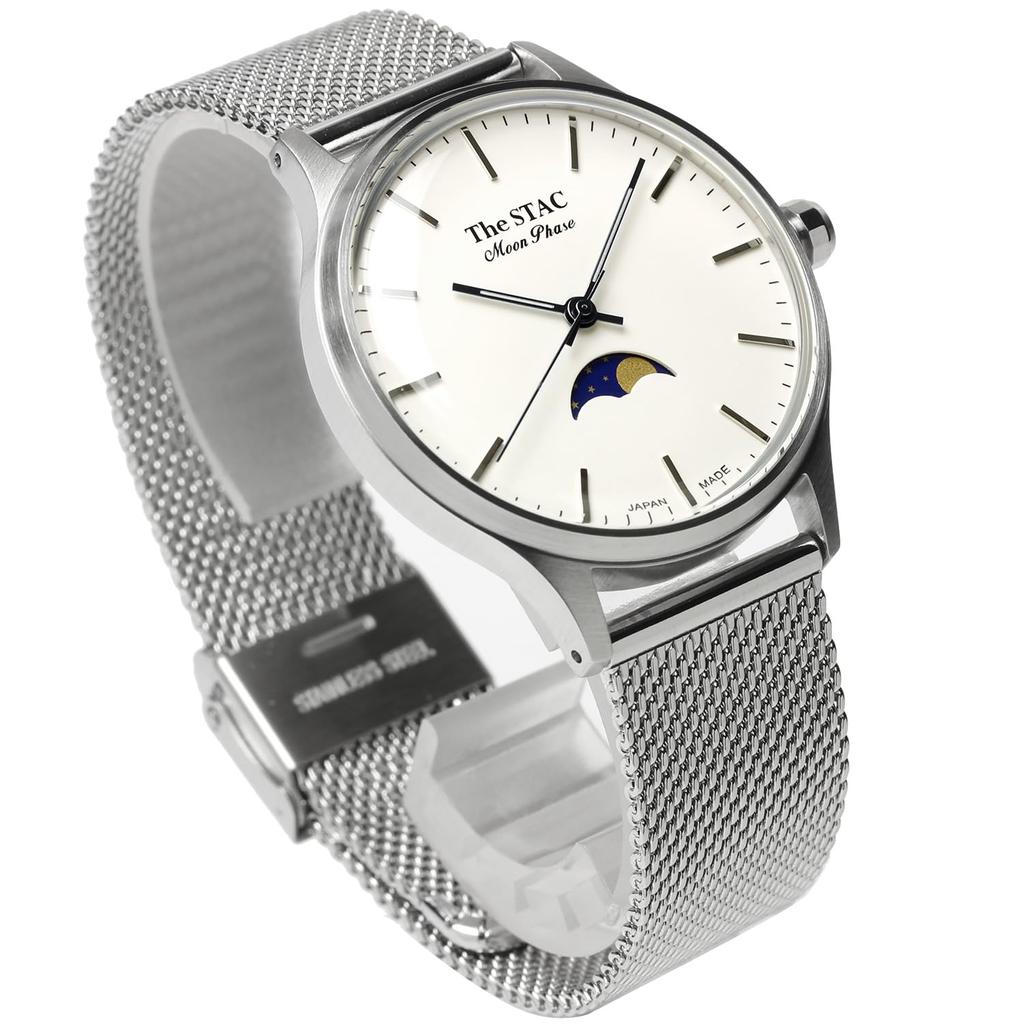 Часы STAC Made in Japan Domestic Watch 36 мм, старинные, ретро, унисекс, с фазами Луны, х белая сетка [The Stack] мужские, женские, ST-MF001