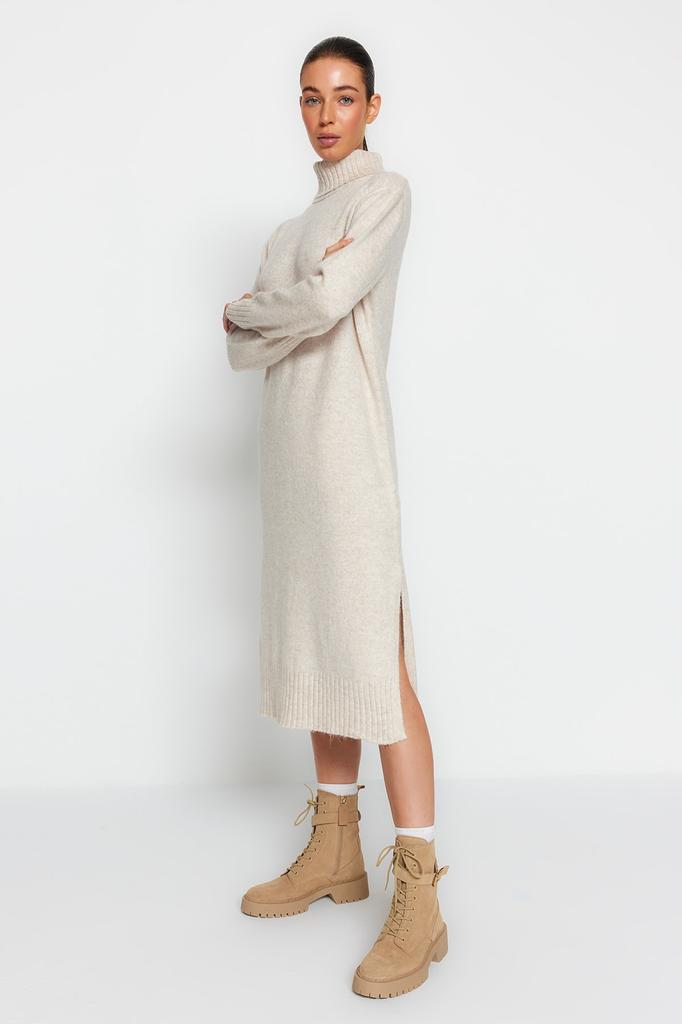 Женское модное новое платье, широкое платье средней длины, трикотажное платье с высоким воротником