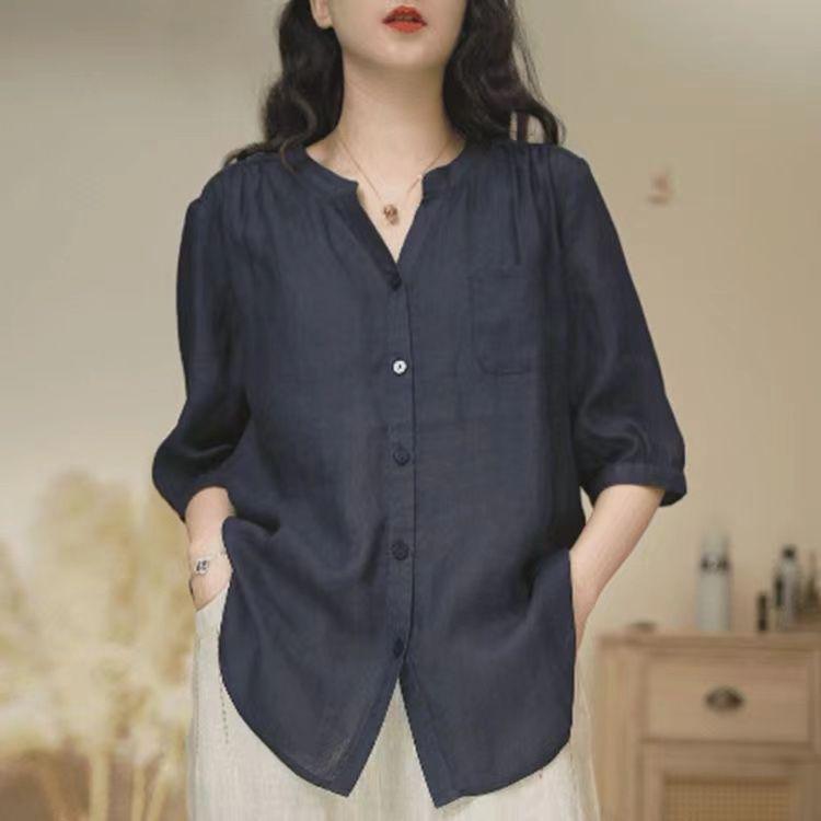 2025 Loose Plus Size V-Neck Sun Protection Shirt, Minimalist Solid Color, Medium Sleeve