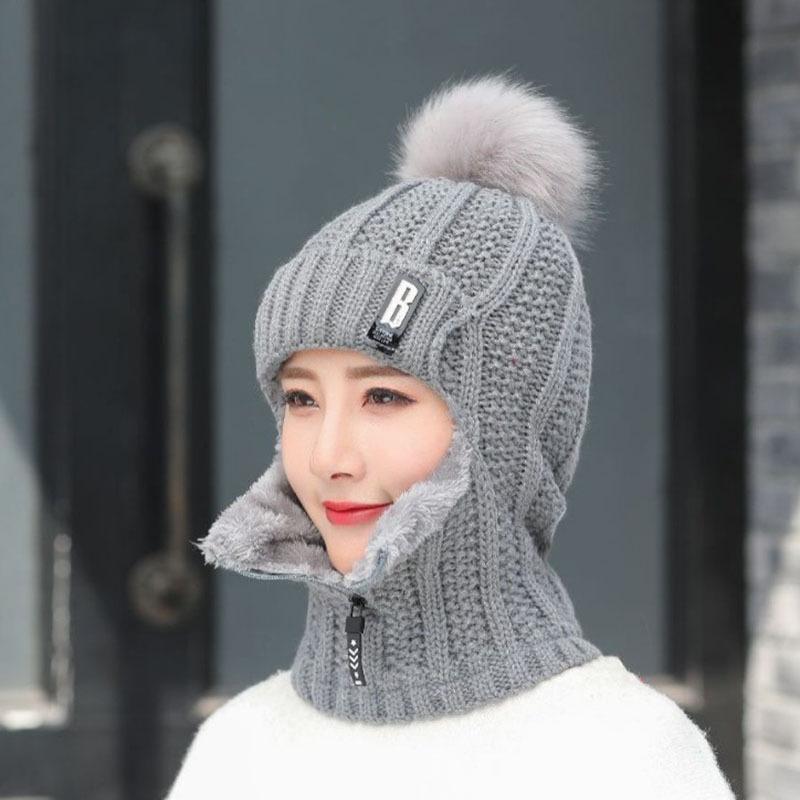 Women Wool Knitted Hat Ski Hat Sets Windproof Winter Outdoor Knit Thick Siamese Scarf Collar Warm Keep Face Warmer Pompoms Cap