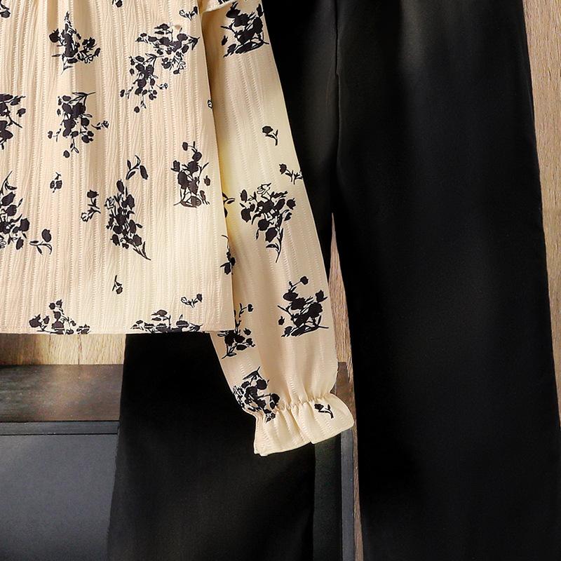 Комплект одежды для девочек Детская одежда Осень/Весна Новый стиль Мода Кружевной принт Рубашка с длинным рукавом + Брюки с широкими штанинами Двойка