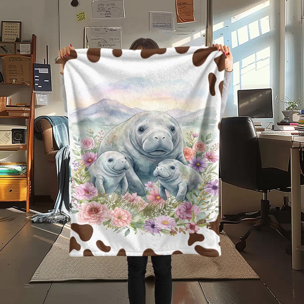 1PC Floral Cow Animals Print FlAannel Blanket, High quality Comfortable for All Seasons, Home Decor, Warmth and Comfort