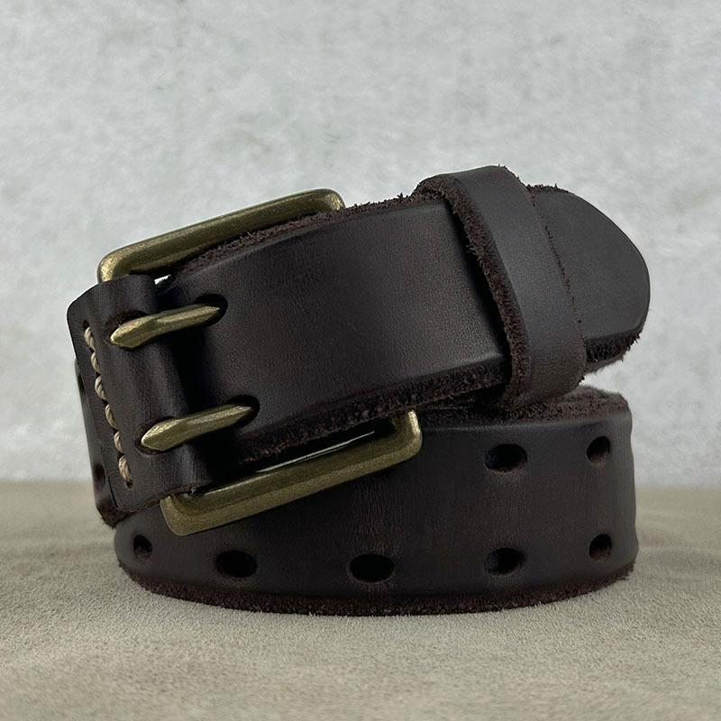 Мужской ремень из натуральной кожи с двойной медной пряжкой, ретро, первый слой, из натуральной коровьей кожи, американский полый ремень