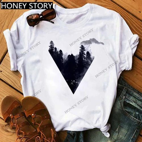 Mountain Print T-shirt Casual Harajuku T-shirt Beautiful Mountain Print Men's and Women's Trend Short Sleeve Summer polyester