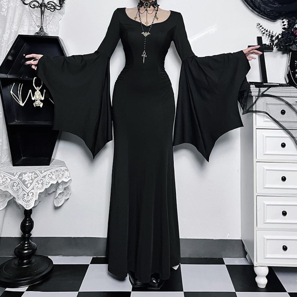 Black Batwing Sleeve Dress Patchwork Grunge Robe Bodycon Vintage Halloween Maxi Dress  Costume