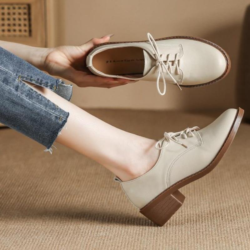 Мода 2025 Однотонные Офисные Туфли На Шнуровке Круглый Носок Мягкая Подошва Толстый Каблук Повседневные Лодочки Кожаные Удобные Средний Каблук Женская Обувь