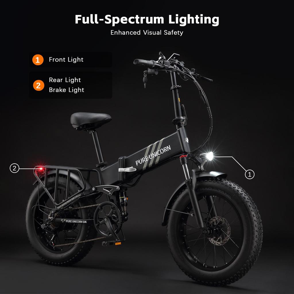 Складной электрический велосипед PURE UNICORN U4, мотор 1000 Вт, аккумулятор 48 В 15 Ач, широкие шины 20*4 дюйма, максимальная скорость 48 км/ч, запас хода 60 км, 7-скоростная трансмиссия Shimano
