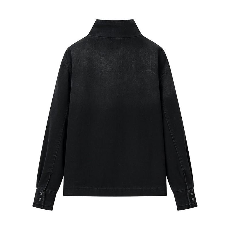 Womens Stand Collar Fencing Jacket Fall Winter Fashion Streetwear Single-Breasted Denim Blazer