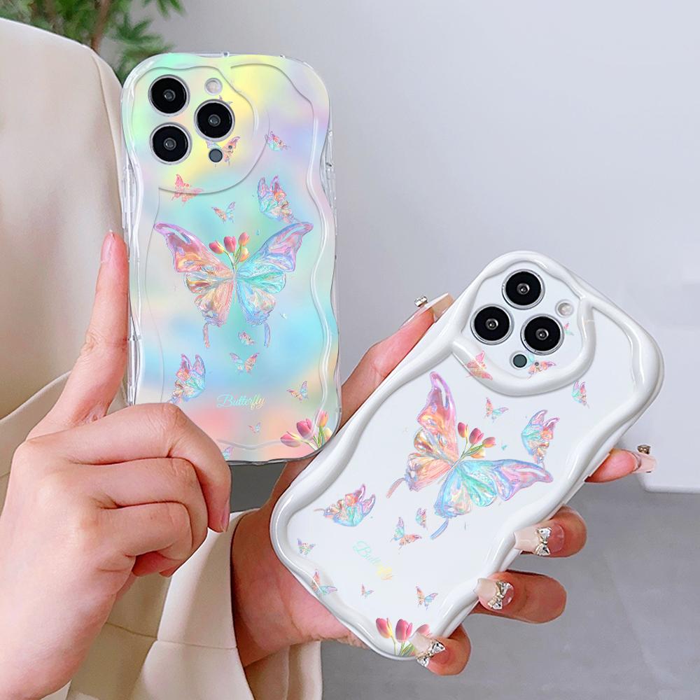 For iPhone 16 15 14 13 12 Pro Max Samsung S24 Ultra S23 S22 Plus Redmi Note 13 Pro Colorful Butterfly Cream Texture Soft Full Lens Protect Phone Case