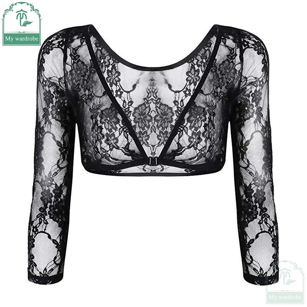 Women Tops Clothes Long Sleeve Floral Lace Vintage Dress Shrug Bolero Cardigan Slim Lace Jacket See-trough