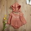 Children Clothes Breathable Cotton Linen Ruffled Sleeve Infant Romper Baby Flower Embroidery Jumpsuit Set with Solid Color Hat