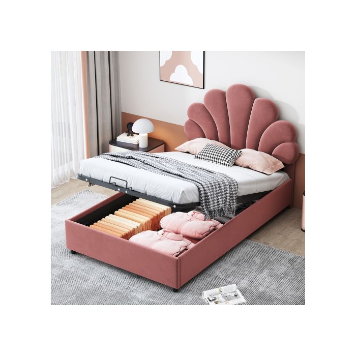 Lit enfant - MUVOE - 90 x 200 cm - Tête de lit fleurie - Rembourré en velours - Rose