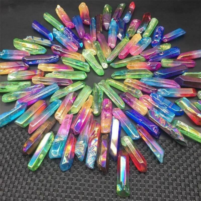 Beautiful Titanium Plating Rainbow Aura Quartz Crystal Point Healing Ornaments 100g Set