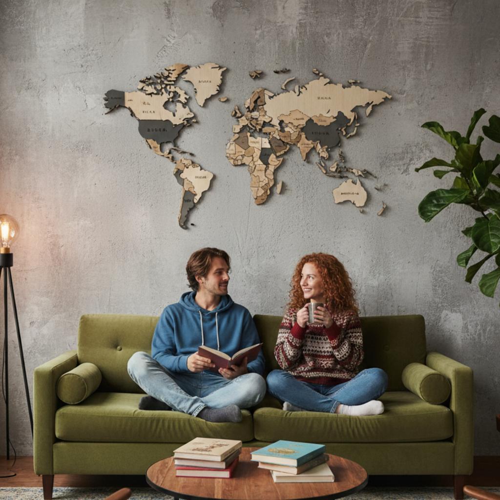 3D Wooden World Map Beige Brown 105x60cm Cities Wall Decoration
