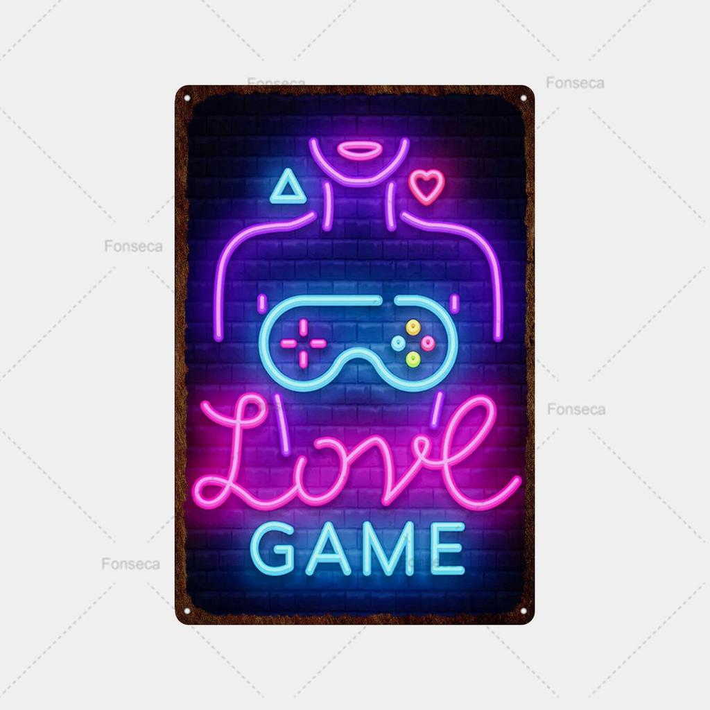 Неоновая игровая вывеска, металлическая вывеска, винтажная жестяная вывеска, металлический винтажный бар, винтажное украшение стены, металлический постер с клубной дыркой
