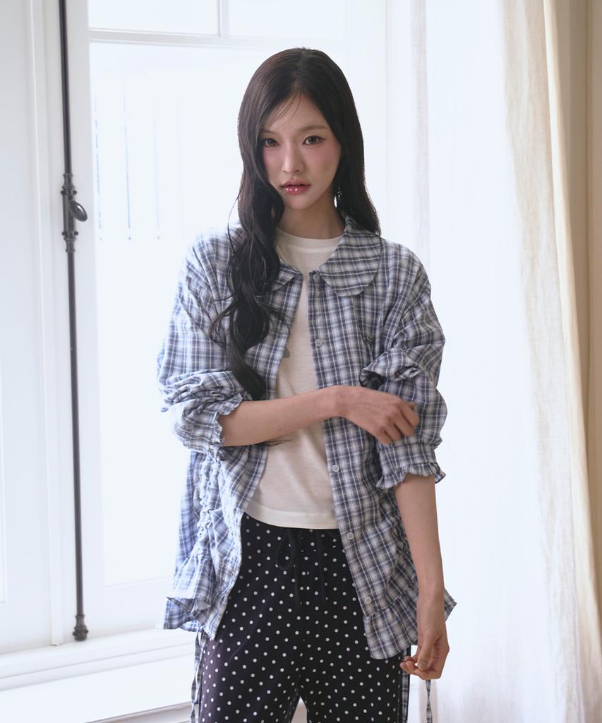 THE GREEN LAB Lovely Collar Check Frill Long Top [Blue]