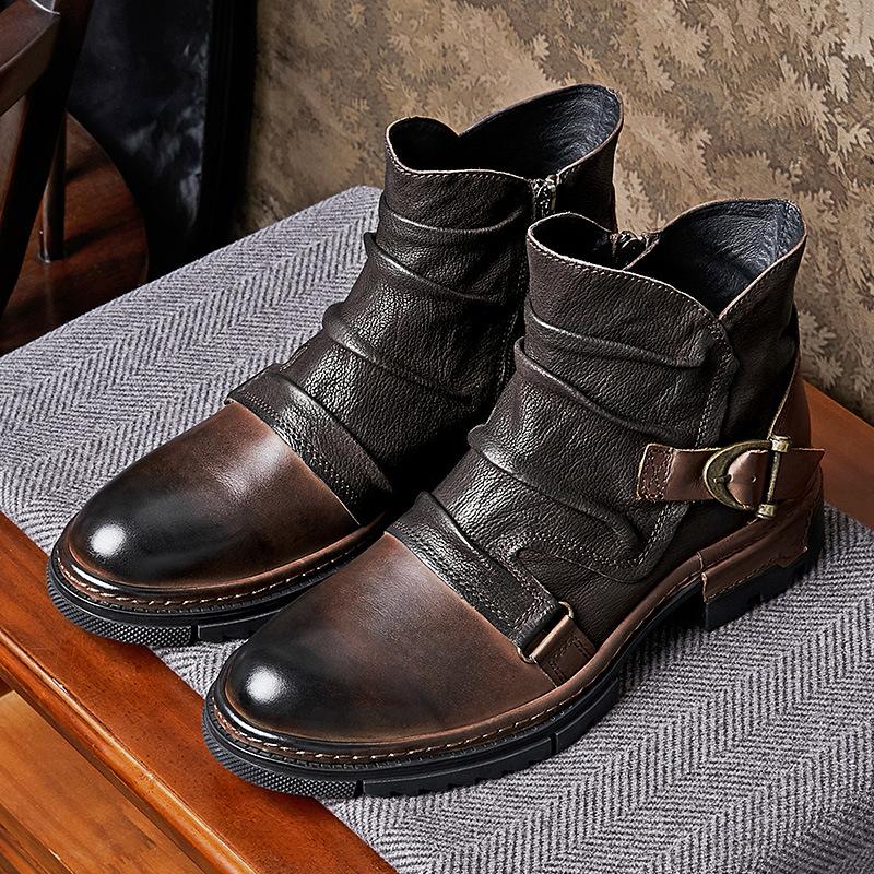 Men's Motorcycle Boots Genuine Leather Shoes Men Buckle Ankle Boots Handmade Retro Leather Boots Luxury Men's Retro Shoes