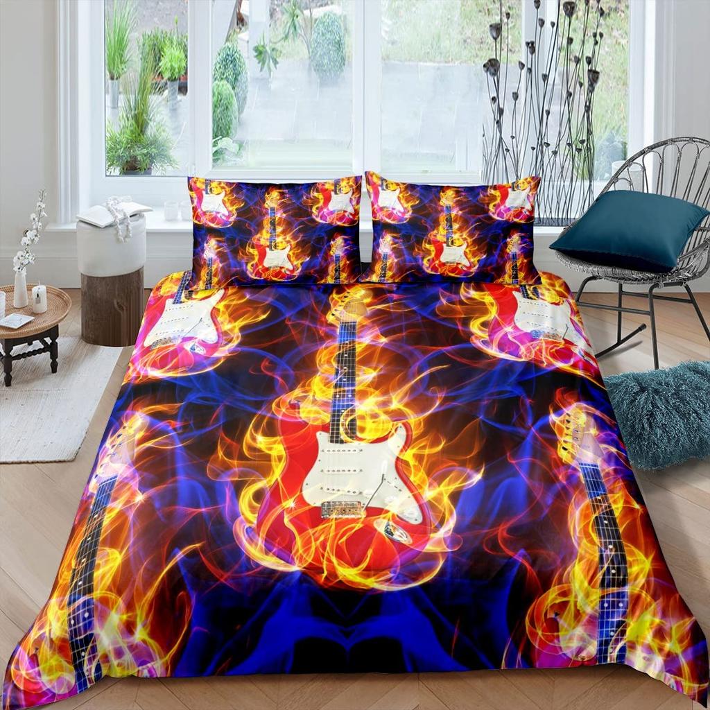 Electric Guitar King Queen Duvet Cover Stringed Instrument Bedding Set Musical Note Quilt Cover Hippie Polyester Comforter Cover