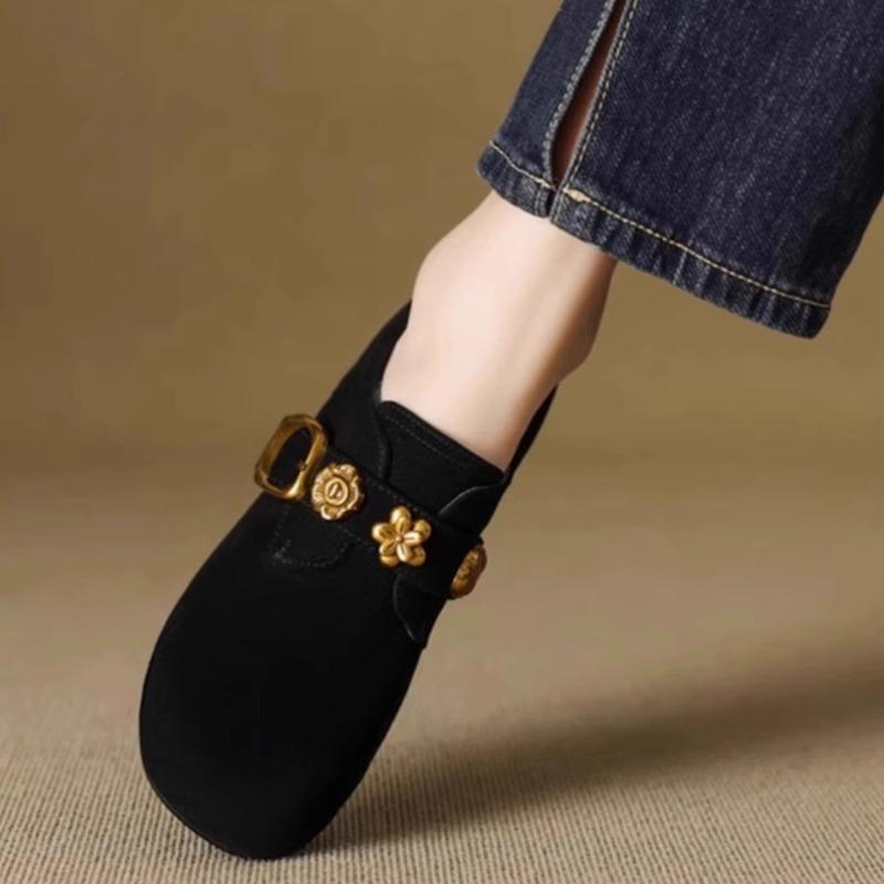 Металлическая Пряжка Блок Каблук Однотонная Обувь Мода Квадратный Носок Глубокий Вырез Замша Нескользящая Износостойкая Каблуки-Киттен