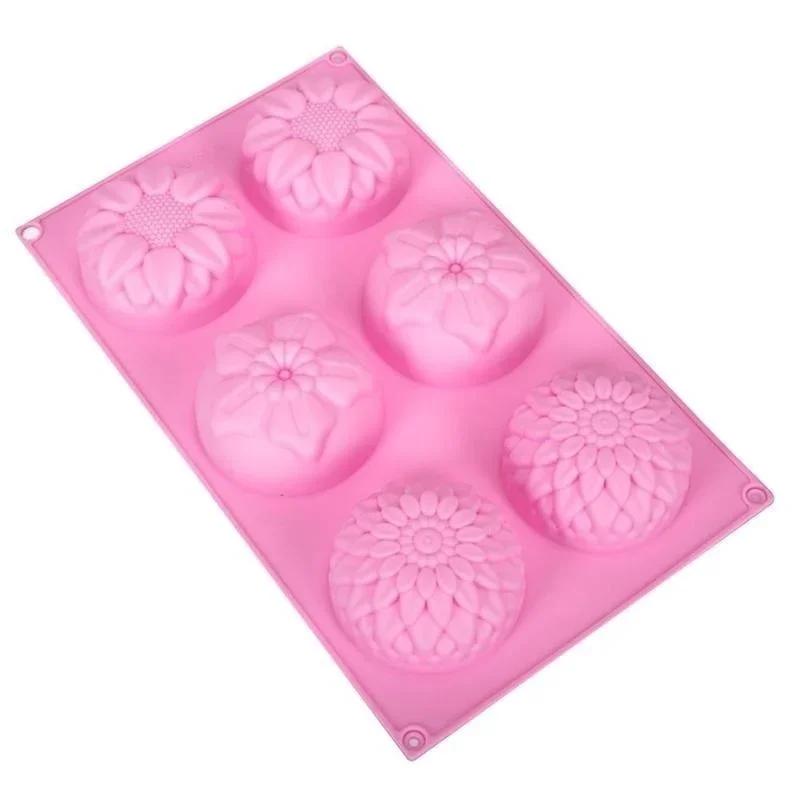 Silicone Cake Mold Handmade Soap Mold 6 Grids 3 Different Flowers Pastry Baking Utensils DIY Mold Random Colors