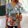 Рубашки с рукавами 3/4 лепестка для женщин, футболки, блузки, повседневные базовые топы, пуловер со складками и пуговицами с принтом