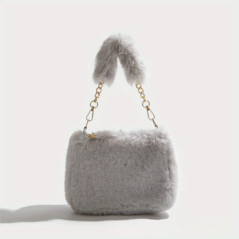 Women Fluffy Shoulder Bags Female Winter Chain Underarm Bag Solid Color Handbag Soft Plush Handle Bag