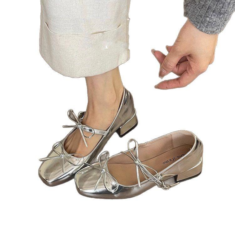 Французский бант легкий рот красные одинарные туфли женские весна и осень новые ретро фея балетки толстый каблук Мэри Джейн маленькие кожаные туфли