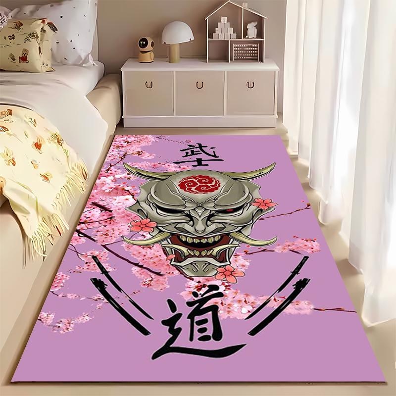 Samurai Mask Design Carpet with Cherry Blossom and Kanji Art Style Suitable for use as an anti-slip for living room bedroom sofas