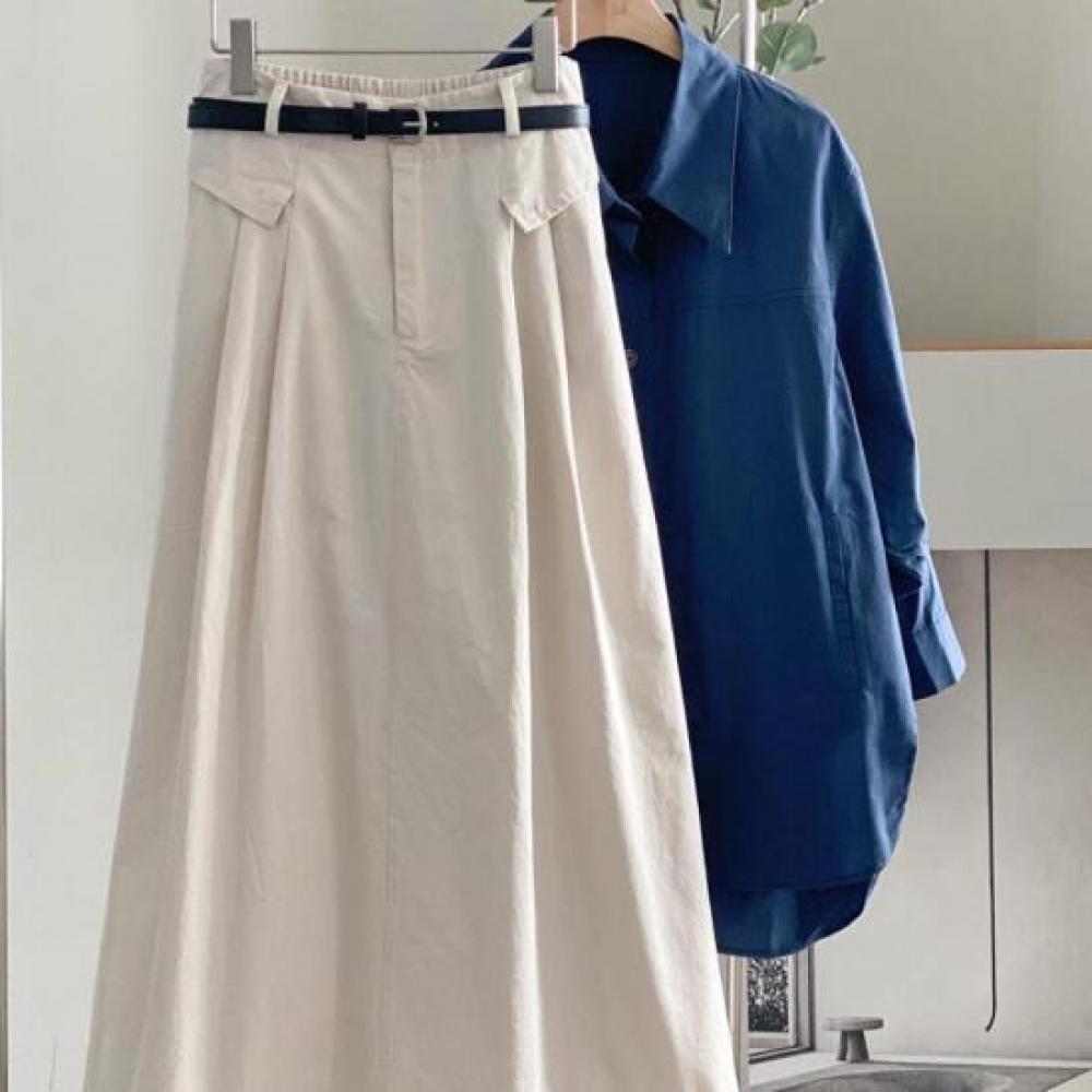 New Arrivals Open Run Women Spring Trench Banding Pleats Beige Cotton Skirt Long