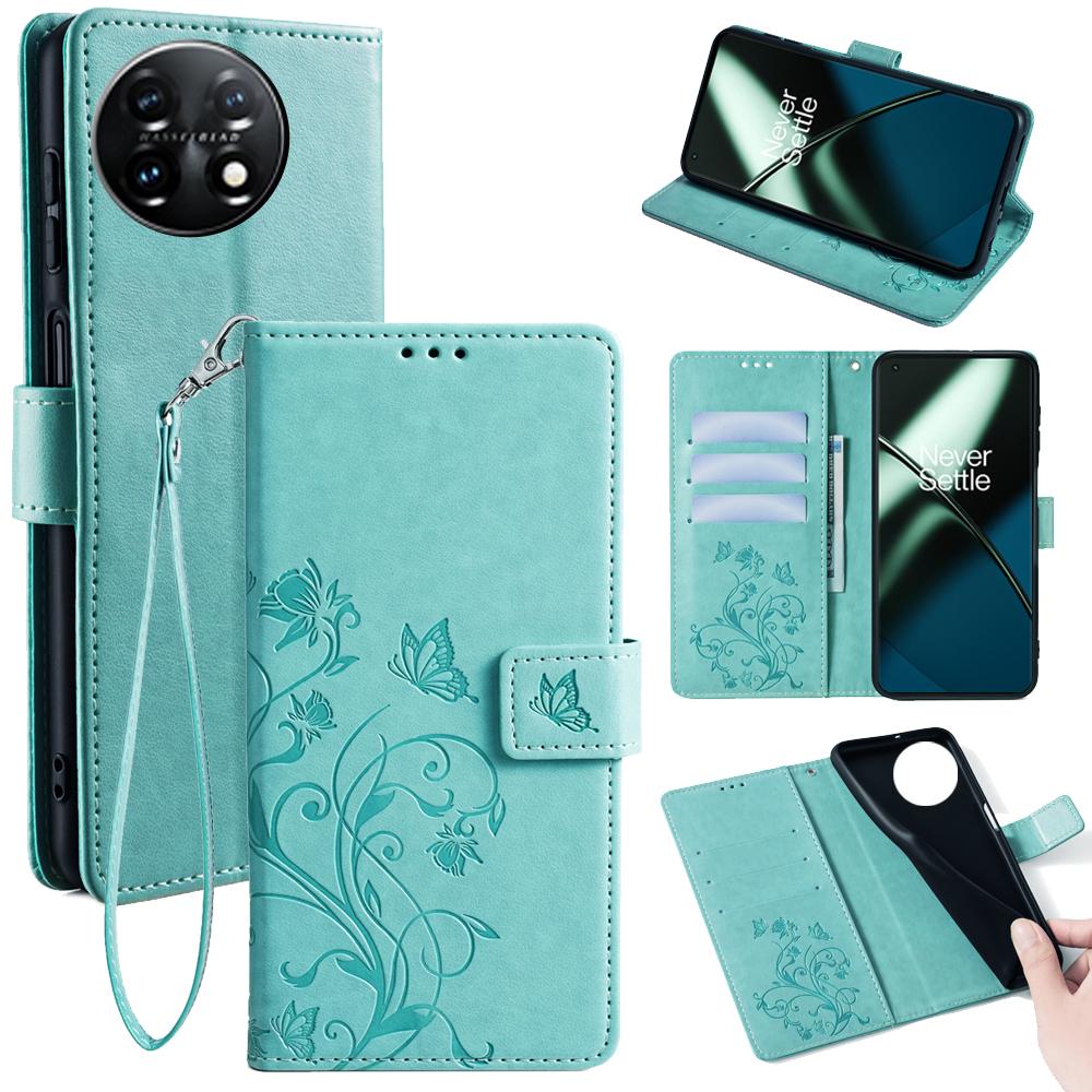 For OnePlus 11 5G Case Butterfly Flower Imprinted PU Leather Flip Phone Cover with 3 Card Slot