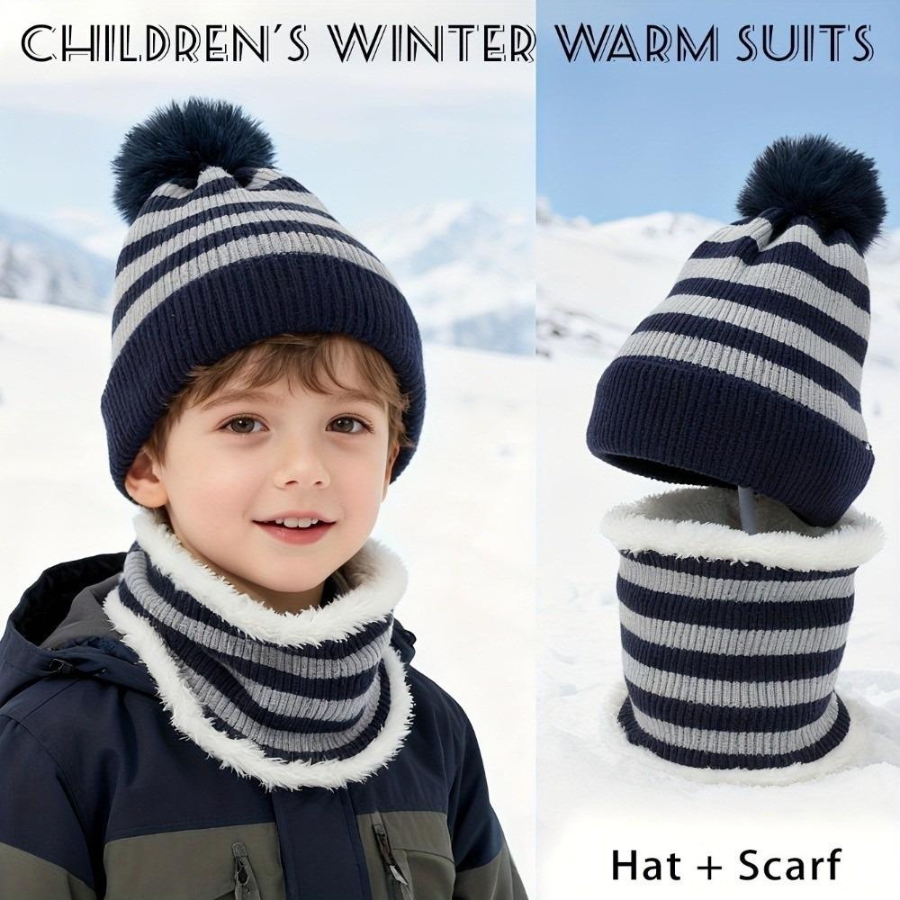 Fleece Lined Knit Beanie Hat 2Pcs Set Pom Pom Hat Warm Fleece Lined Scarf  Outdoor Sports