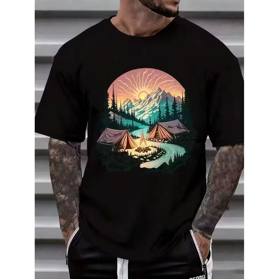 Camping Mountain Sunset Scene Graphic T-Shirt Outdoor Adventure Nature Landscape Print Unisex Casual Tee