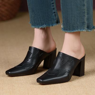 2024 Женские Новые Летние Европейские и Американские Кожаные Квадратные Туфли Baotou Muller на Высоком Каблуке для Женщин